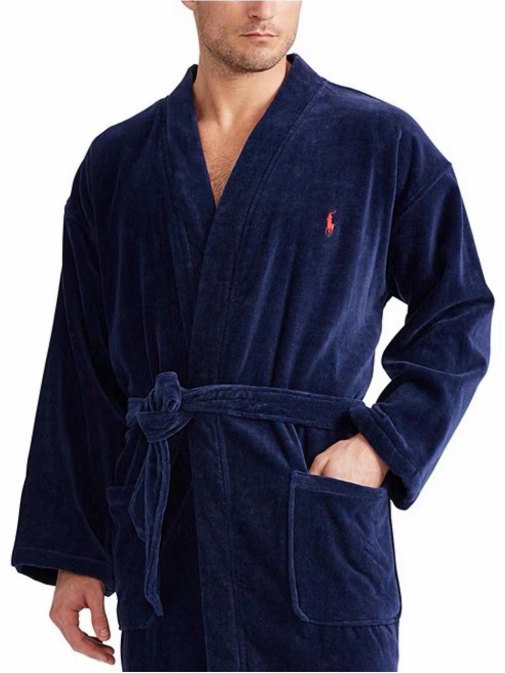 POLO RALPH LAUREN Men’s Cotton Velour Kimono Robe in Rich Navy - Size L/ XL